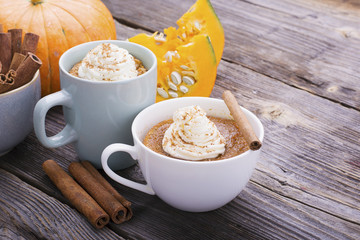 Quick meal breakfast snack in the microwave. Fragrant homemade pumpkin pie fall for five minutes in the cup portions with whipped cream and cinnamon on a wooden background