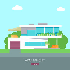Fototapeta premium Happy House with Terrace Banner Poster Template.