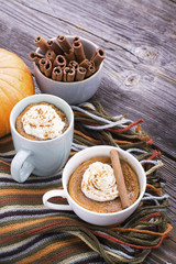 Quick meal breakfast snack in the microwave. Fragrant homemade pumpkin pie fall for five minutes in the cup portions with whipped cream and cinnamon on a wooden background