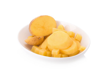 Bowl with cooked potato isolated over white