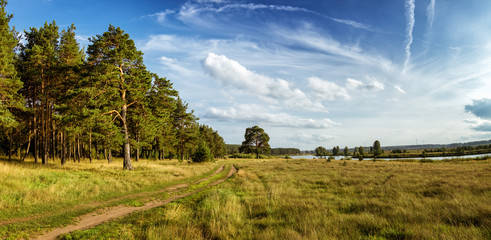 вечерний пейзаж с пышной сосной на берегу реки и грунтовой дорогой © 7ynp100
