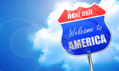 Welcome to america, 3D rendering, blue street sign
