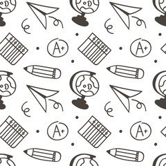 Monochrome doodle back to school seamless pattern background.