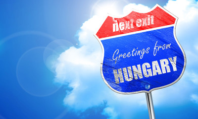 Greetings from hungary, 3D rendering, blue street sign