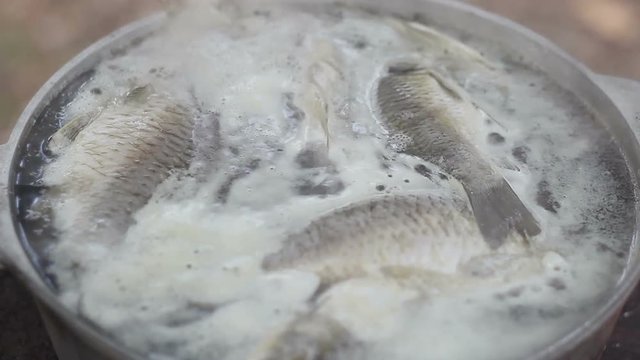 Cooking soup of fish in a metal pot outdoors
