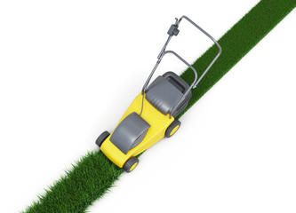 Lawn mower cutting grass top view on white background. Swath of grass. Trimmed grass. 3d rendering