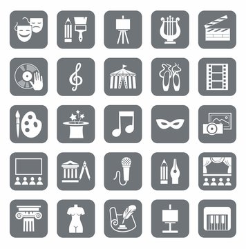 Culture and art, icons, gray, monochrome. Vector icons with pictures of objects and subjects of culture and art. White figures on a gray background. 