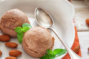 Chocolate ice cream with almond and mint