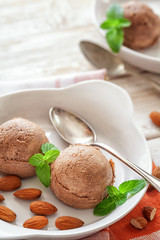 Chocolate ice cream with almond and mint