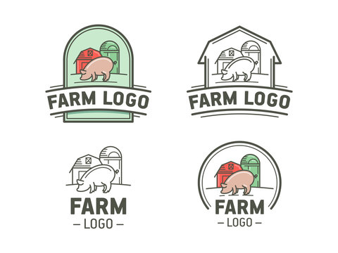 Set of farm logos in flat and linear style. Vintage emblem with pig. Vector illustration