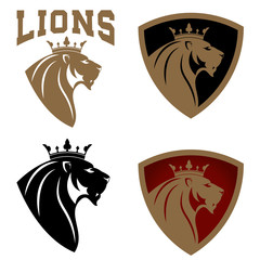 Naklejka premium Set of lion heads with crown.