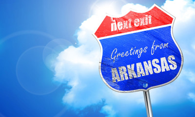 Greetings from arkansas, 3D rendering, blue street sign