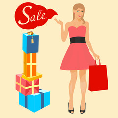 Illustration of girl with shopping bags on the sales