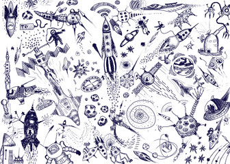 Space background with a large group of space rockets