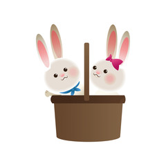 flat design basket with cartoon rabbits icon vector illustration