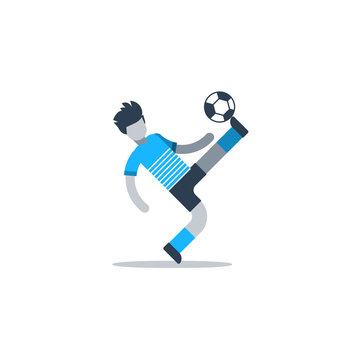 Soccer Player Kicking Ball, Football Defender, Forward, Midfielder. Flat Design Vector Illustration, Isolated On White