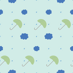 Rain seamless pattern. Rainy seamless background pattern with clouds, umbrellas and  raindrops.