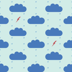 Rain seamless pattern. Rainy seamless background pattern with clouds, lightnings and drops of rain.