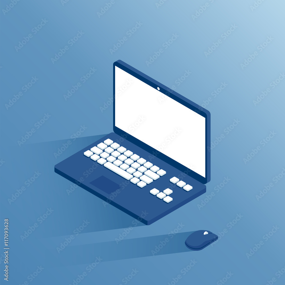 Poster isometric laptop and computer mouse, computer devices is a isometric view flat design