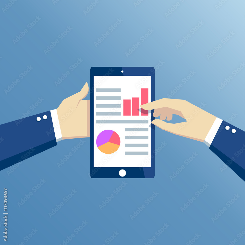 Aufkleber hands holding a mobile phone with graphs and diagrams, flat design business concept web analytics
