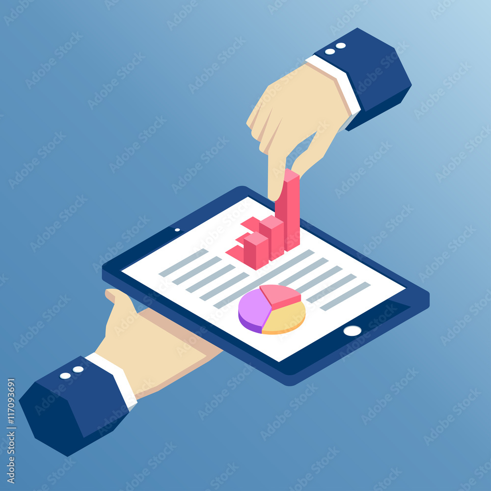 Poster isometric hand holds the tablet and pulls from it a bar graph, isometric design infographic on table