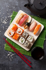 Set of sushi, maki and green tea
