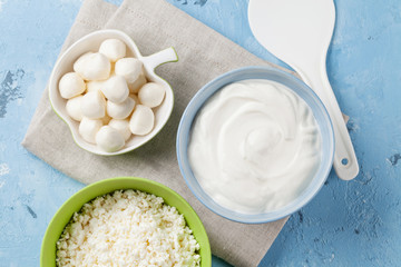 Dairy products on stone table