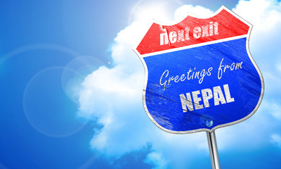 Greetings from nepal, 3D rendering, blue street sign