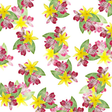 Beautiful floral background with yellow lilies and pink alstroemeria 