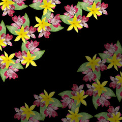 Beautiful floral background with yellow lilies and pink alstroemeria 