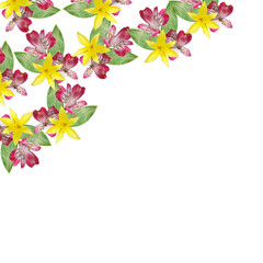 Beautiful floral background with yellow lilies and pink alstroemeria 