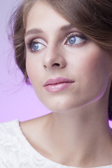 Fototapeta premium beauty girl with blue eyes look right portrait
