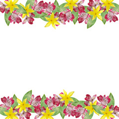 Beautiful floral background with yellow lilies and pink alstroemeria 
