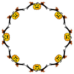 Round frame with black cats and Halloween pumpkins. Vector clip art.