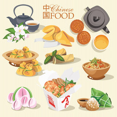 China travel vector illustration. Chinese set with architecture, food, costumes, traditional symbols in vintage style. Chinese text means China