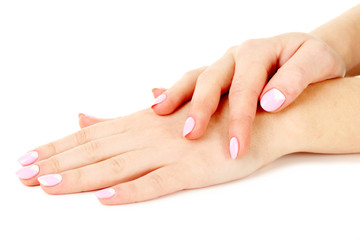 Female hand with manicure on a white background