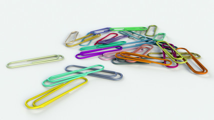 Colorful paper clips on a white background 3d rendering
