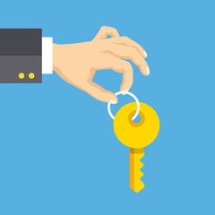 Hand holding key. Flat style design vector illustration