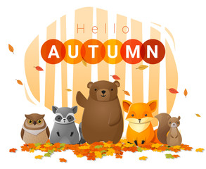 Hello autumn background with wild animals , vector , illustration © littleartvector