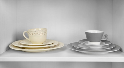 Dishes in cupboard in the kitchen