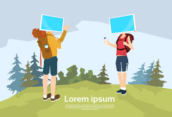 Fototapeta premium Traveler Man Woman, Video Blogger Couple Outdoor Hiking