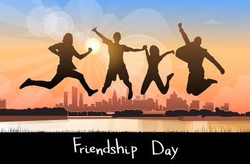 Obraz premium Silhouette People Group Jumping Over City Background Friendship Day Banner