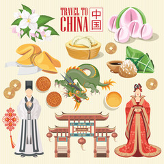 China travel vector illustration. Chinese set with architecture, food, costumes, traditional symbols in vintage style. Chinese text means China