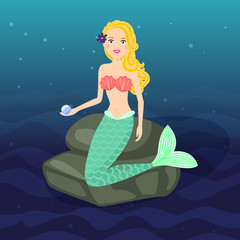 Mermaid sitting on rocks. Cartoon style mermaid princess of underwater world vector illustration. Undersea life.