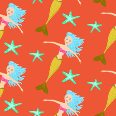 Cartoon mermaid princess coral red seamless pattern. Blue starfish and cute girl background.