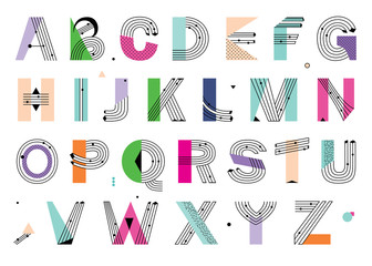 Creative geometric Alphabet. Postmodernist design typeface in Memphis style. Vector - 117101060