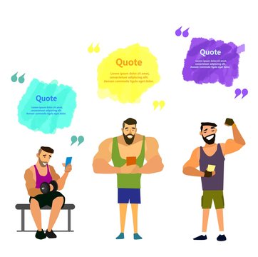 Set of muscular, bearded mans smartphone vector illustration.