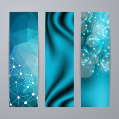 Set of templates for design of vertical banners, covers, posters, web site in geometric graphic style. Abstract modern polygonal, bokeh, elegant drapery texture backgrounds. Vector illustration EPS10