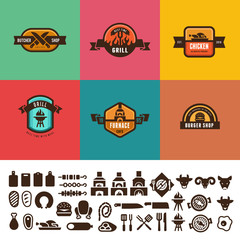 Obraz premium BBQ Grill Food Vintage Labels Logo vector design. Icon Butcher
