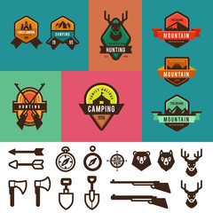 Naklejka premium Hunting Camping Vintage Labels vector design Tourism Logos Icons
